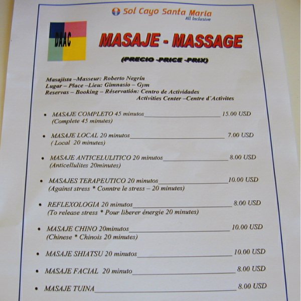 Massage price list